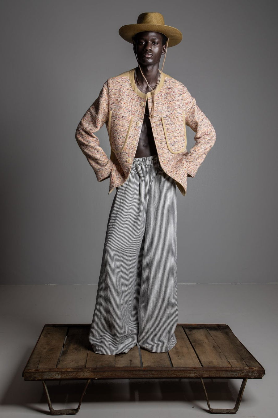 double u pocket collarless jacket pollack tweed khaki canvas