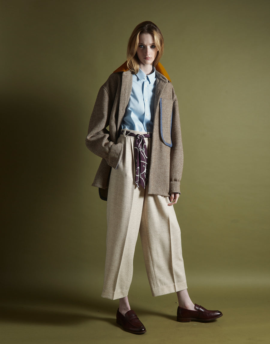 pleated crop trouser - oatmeal