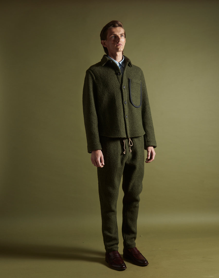 drawstring trouser - olive boiled wool