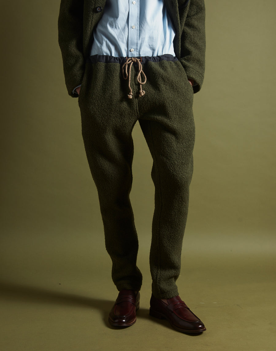 drawstring trouser - olive boiled wool
