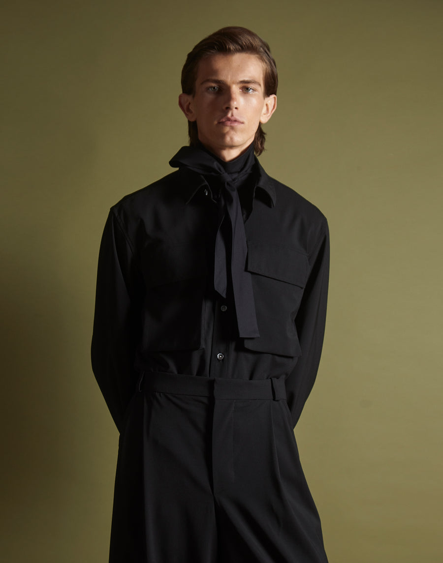 double pocket shirt - onyx wool poplin
