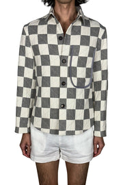 button front shirt jacket: fog/salt check