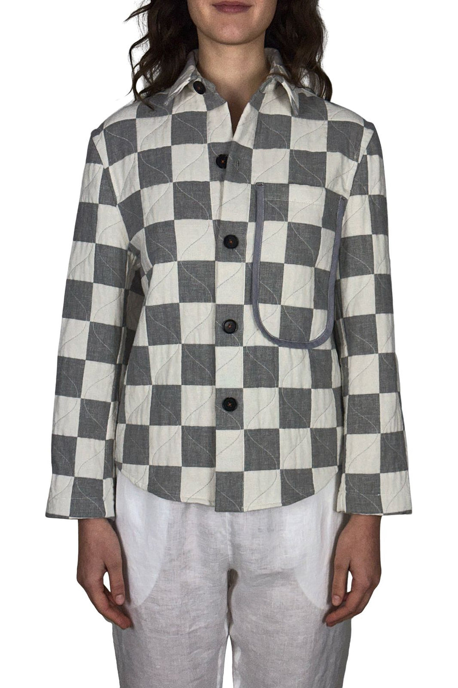 button front shirt jacket: fog/salt check