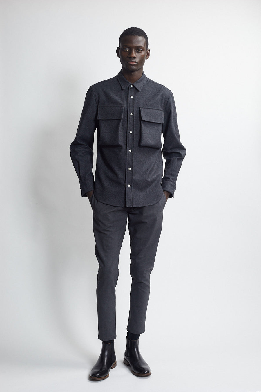 double flap pocket button down shirt - charcoal