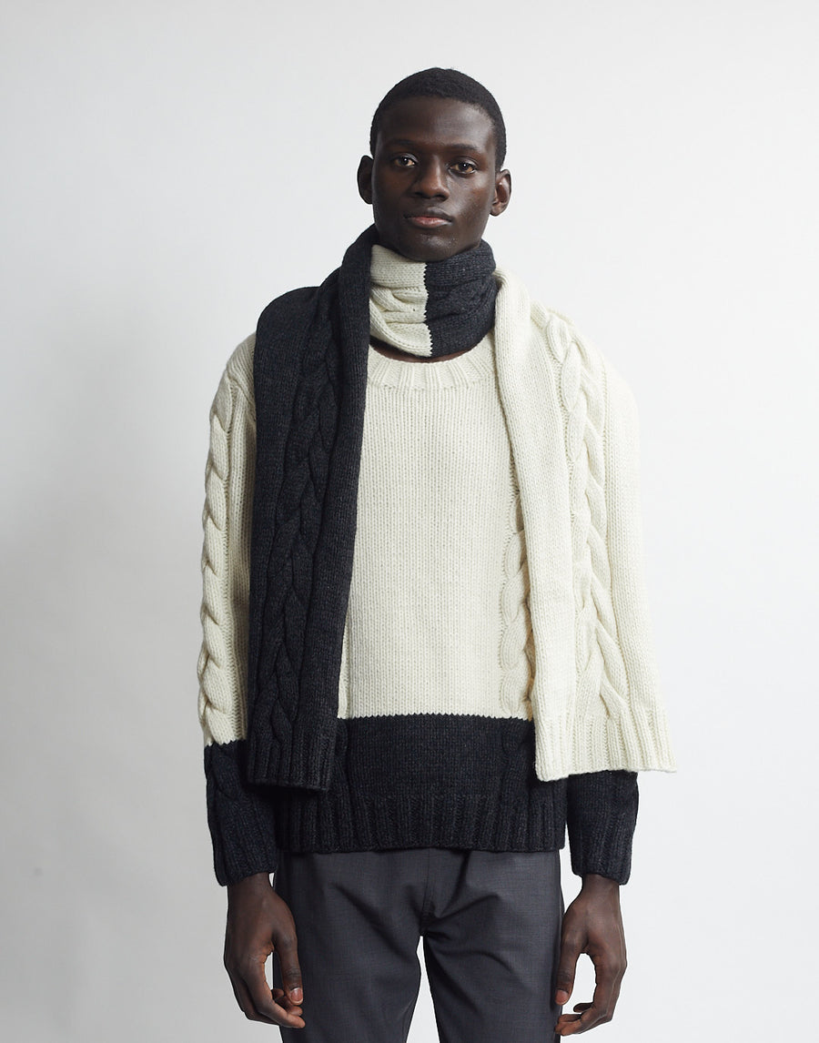 handknit cable scarf - ivory/carbon