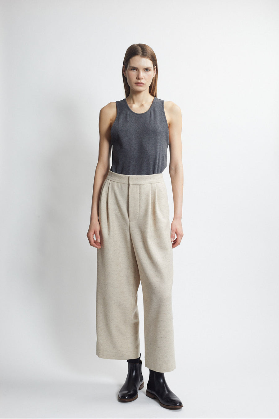 crop double pleat trouser  - natural