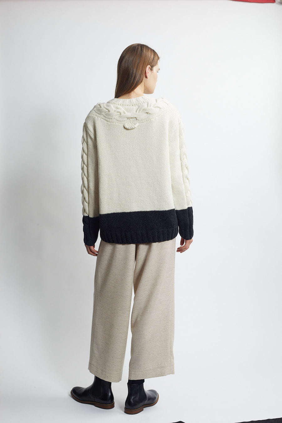 handknit cable sweater - ivory/carbon