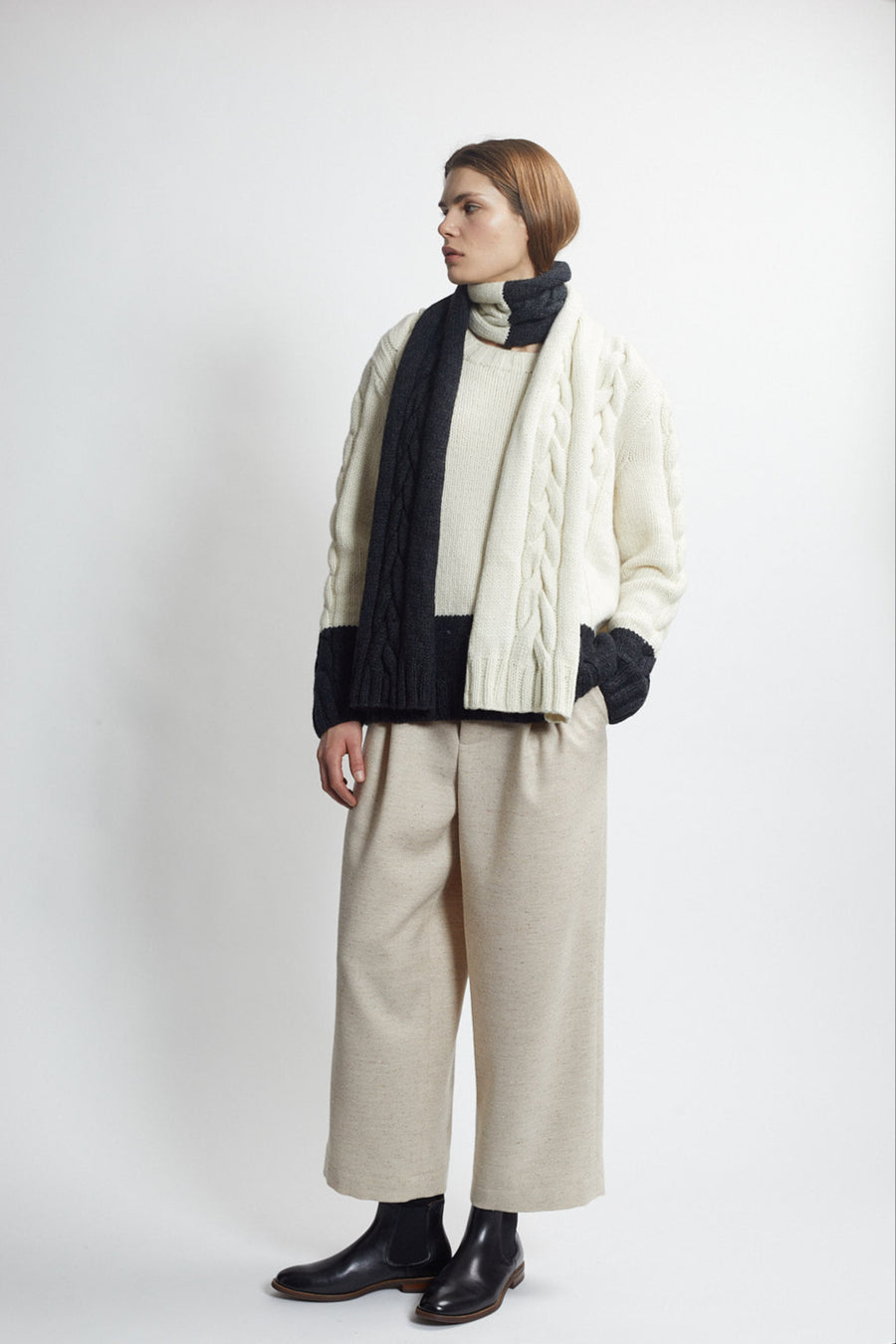handknit cable scarf - ivory/carbon