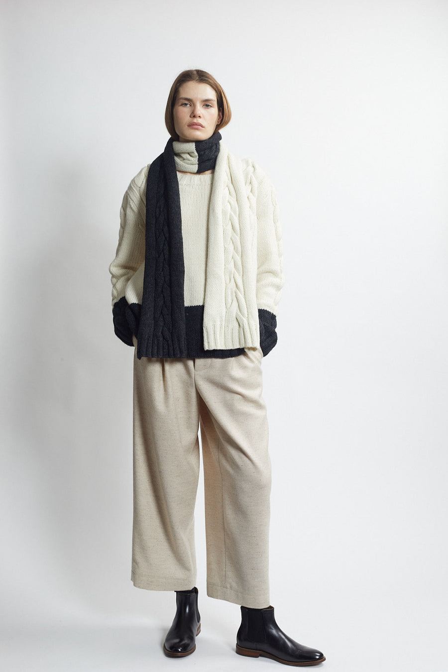 handknit cable scarf - ivory/carbon