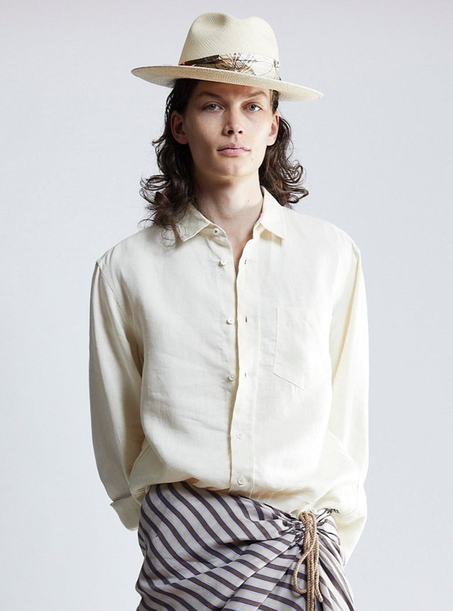 straw fedora with scarf - ivory